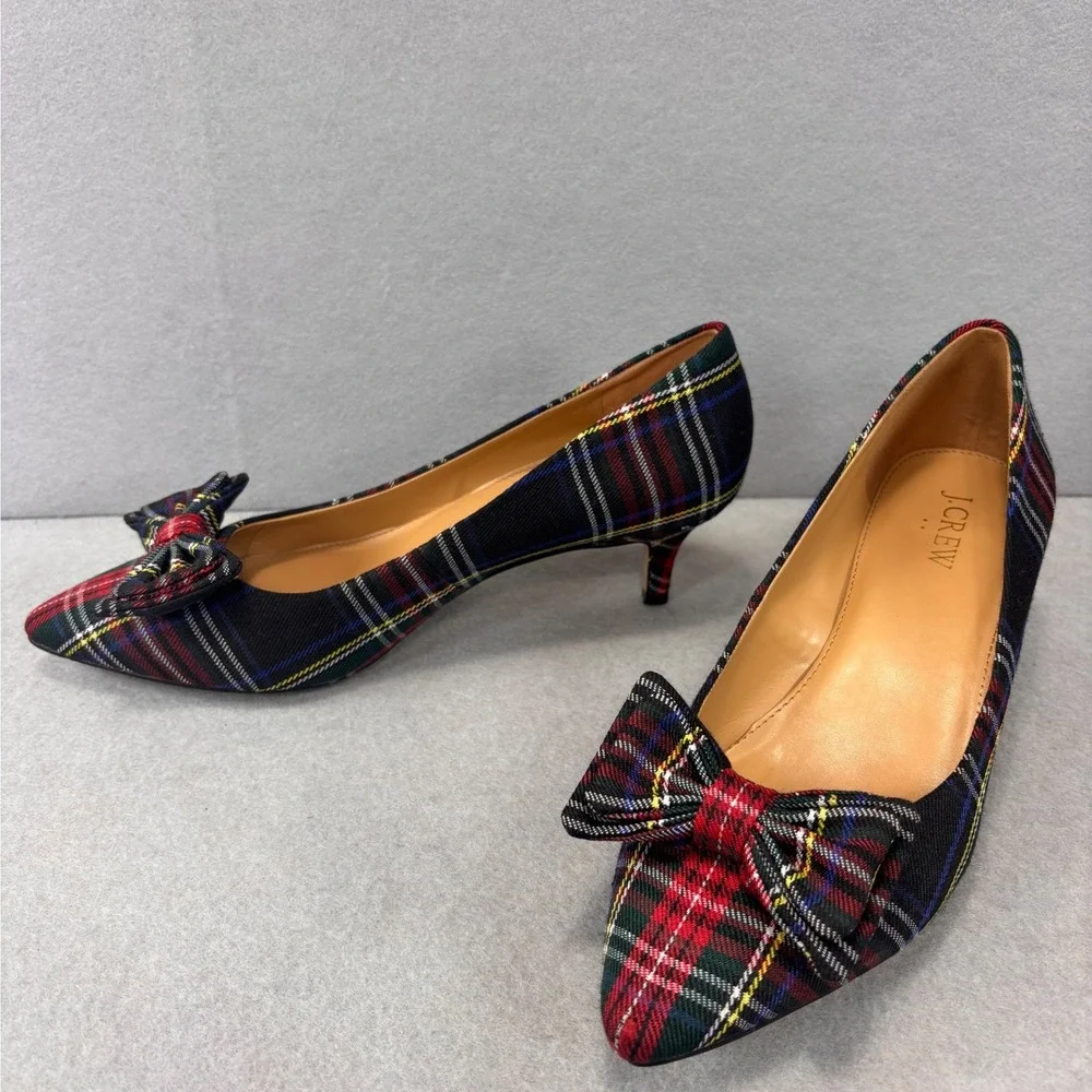 J.Crew Esme Tartan Plaid Kitten Heel Pumps W/ Bow Black & Red Sz 7.5 holiday